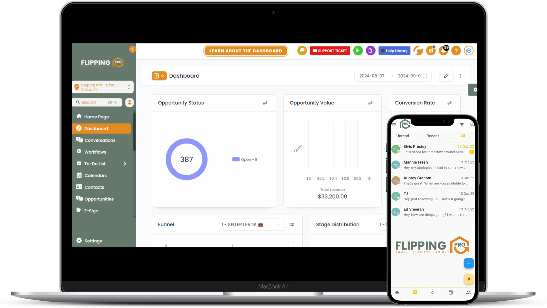 Flipping Pro CRM shown on desktop, tablet and mobile devices